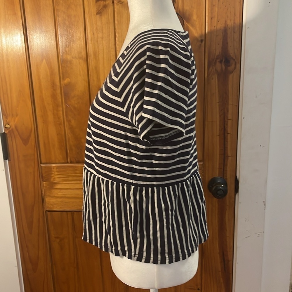 Madewell Striped Short Sleeve top Navy blue white Medium Peplum linen cotton - Picture 2 of 7